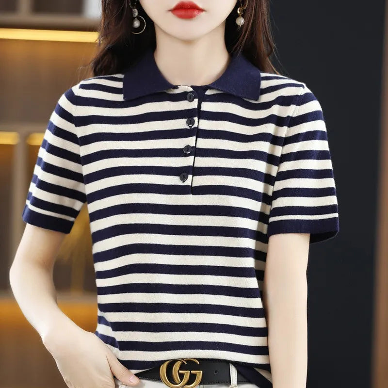Summer 100% Cotton T-shirt Women Striped Clothing Korean Style POLO Neck Short Sleeve T-shirts Woman Fashion Casual Basic Tops - Matrix-studios.com