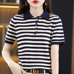Summer 100% Cotton T-shirt Women Striped Clothing Korean Style POLO Neck Short Sleeve T-shirts Woman Fashion Casual Basic Tops - Matrix-studios.com