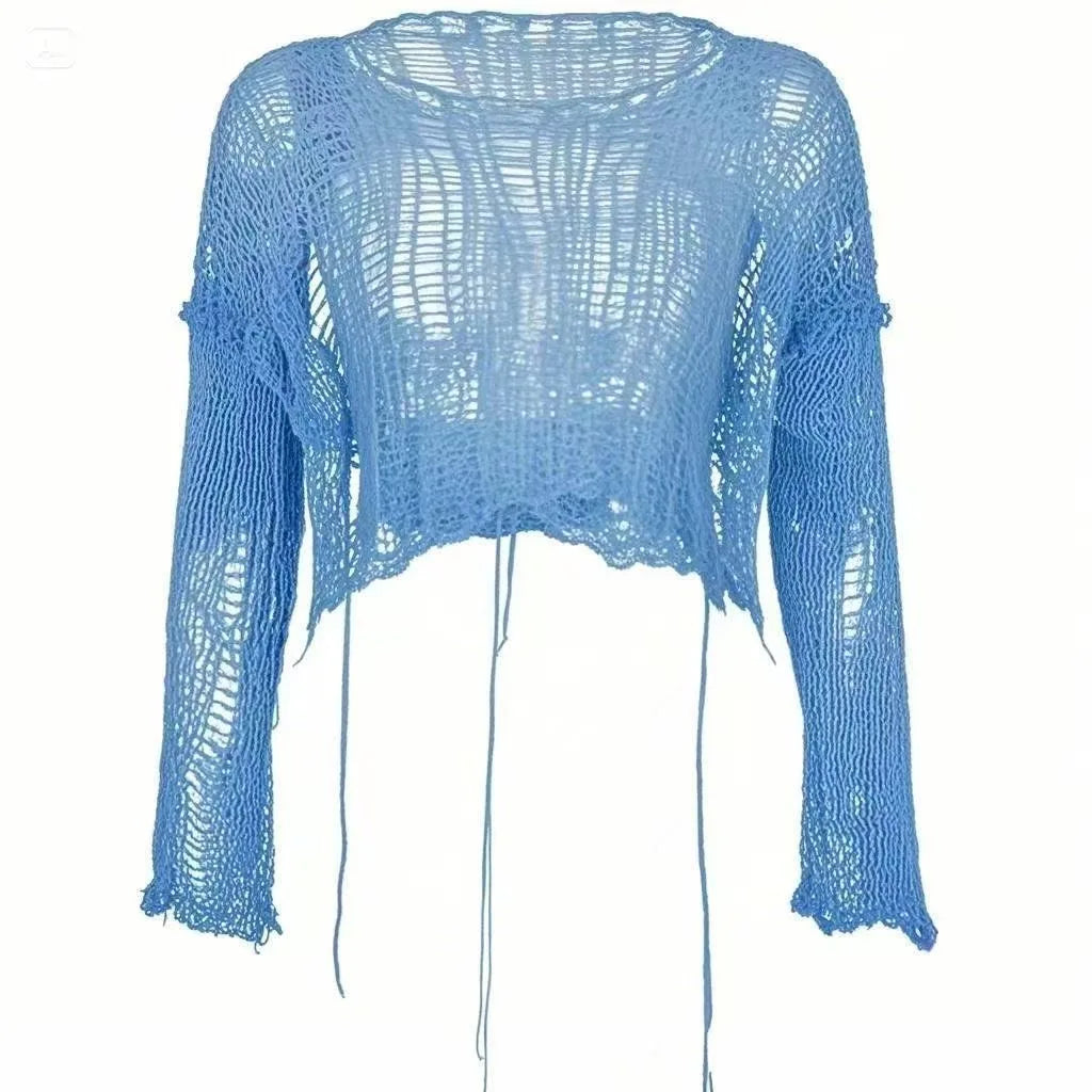 Y2k Cropped Hole Sweater Sexy Gyaru Hollow Out Knit Pullovers Goth Korean Long Sleeve Jumper Summer Fashion Sheer Knitwears Tops - Matrix Studios