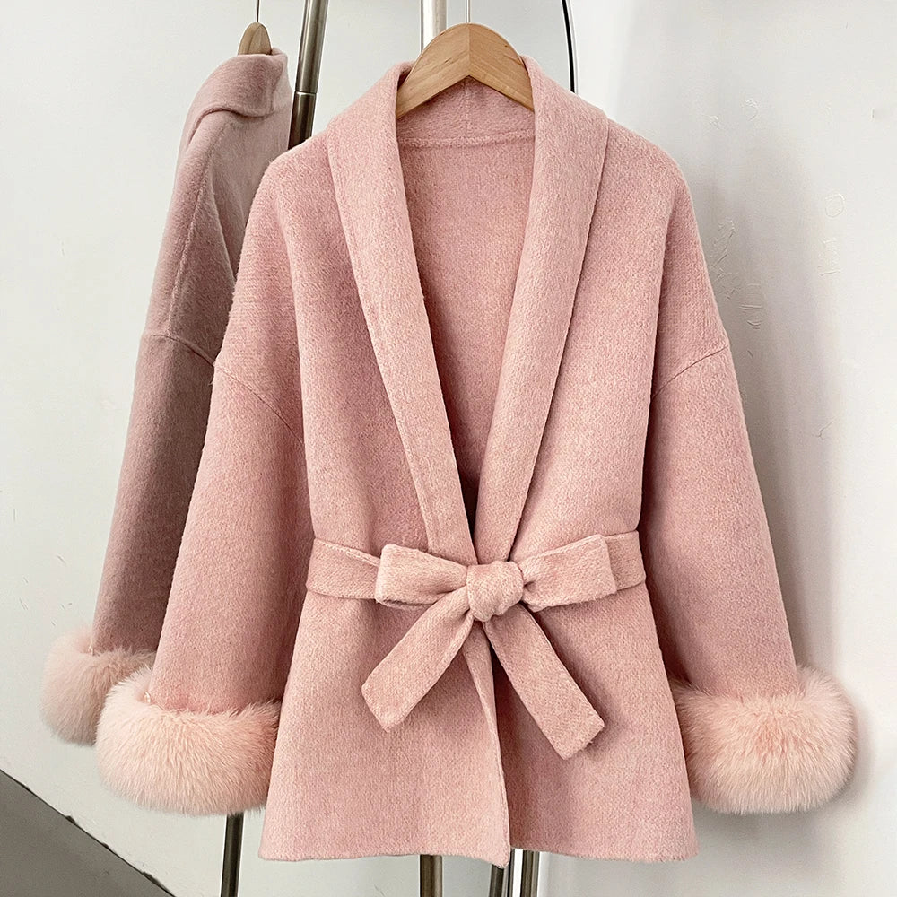 High End Double-sided Wool Strapping Real Wool Fur Coat Women's Removable Cuffs Fox Fur Temperament Cashmere Short Jacket - Matrix Studios