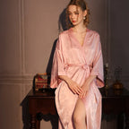 Luxury Jacquard Long Robe Nightgown Women Half Sleeve Kimono Bathrobe Gown Satin Ice Silk Sleepwear Sexy Home Dress Lounge Wear - Matrix-studios.com