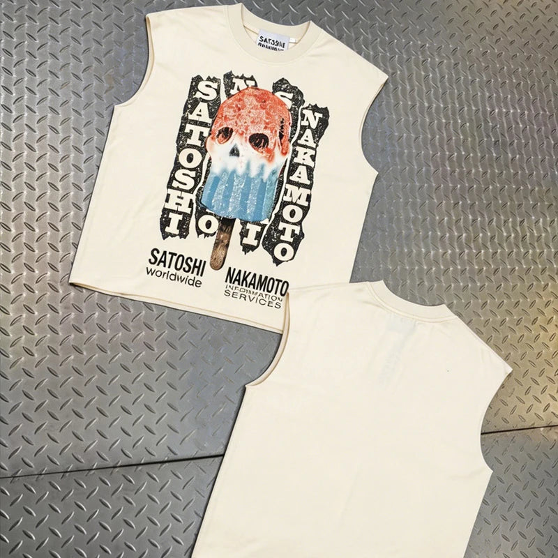 26SS American Street Satoshi Nakamoto Tank Top Sleeveless Vest Men Women Melting Ice Lolly Letter Print Y2K T Shirt Clothing - Matrix-studios.com