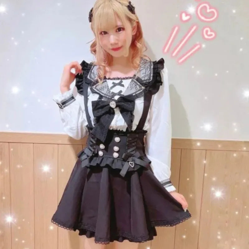 Japanese Gothic Lolita Ribbon Short Suspender plaid Skirt Girls Sweet Cute Lace A-Line Mini Skirts summer2026 black solid kawaii - Matrix-studios.com
