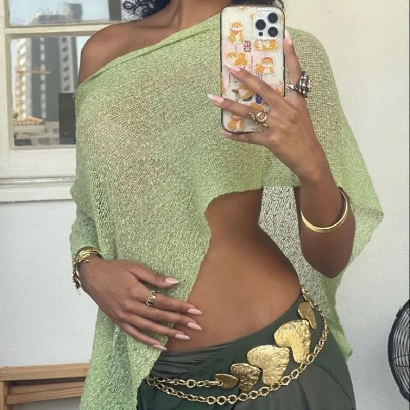 Women Knit Cover-ups Summer Autumn See-through Irregular Loose Pullover Summer Beach Smock Crop Tops Bikinis Cover Ups - Matrix Studios