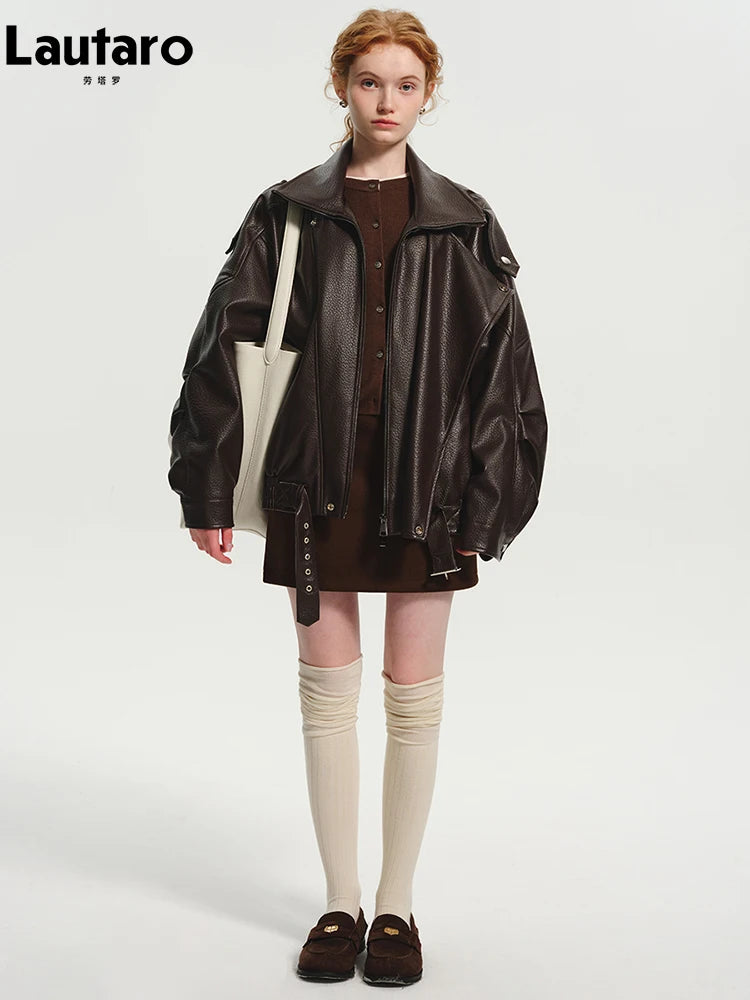 Lautaro Spring Autumn Cool Brown Oversized Pu Leather Jacket Women Long Sleeve Zip Up Luxury Designer American Retro Clothing - Matrix Studios