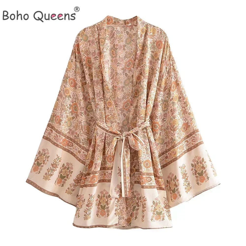 Boho Queens Multi Floral Print Sashes Kimono Women Batwing Sleeve Bohemian Bridesmaid Robe Vacation Beach Boho Bikini Cover-ups - Matrix Studios