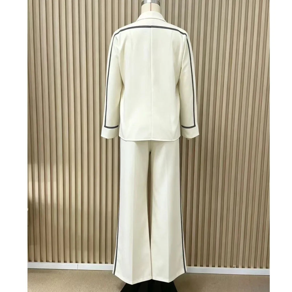 Women 2 Piece Set Contrast Black Piping 3/4 Sleeve Lapel V‑Neck Loose Shirt High Waist Wide Leg Pants Elegant Casual Office Suit - Matrix-studios.com