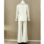 Women 2 Piece Set Contrast Black Piping 3/4 Sleeve Lapel V‑Neck Loose Shirt High Waist Wide Leg Pants Elegant Casual Office Suit - Matrix-studios.com