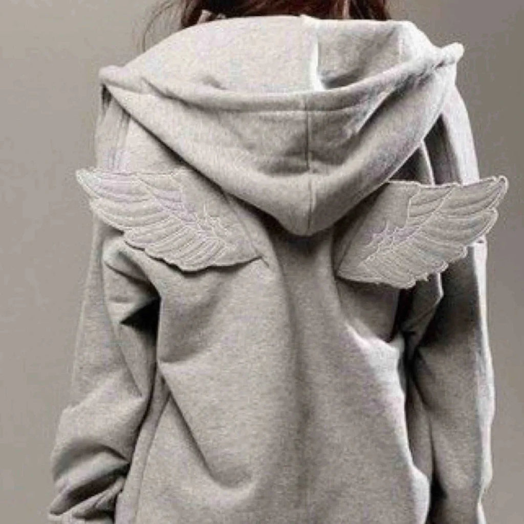 Women Grey Angel Wing Embroidered Hoodie Cute Kawaii Pullover Sweatshirt Wing Decoration Back Y2K Street Harajuku Loose Pullover - Matrix Studios