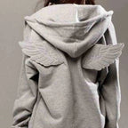 Women Grey Angel Wing Embroidered Hoodie Cute Kawaii Pullover Sweatshirt Wing Decoration Back Y2K Street Harajuku Loose Pullover - Matrix Studios