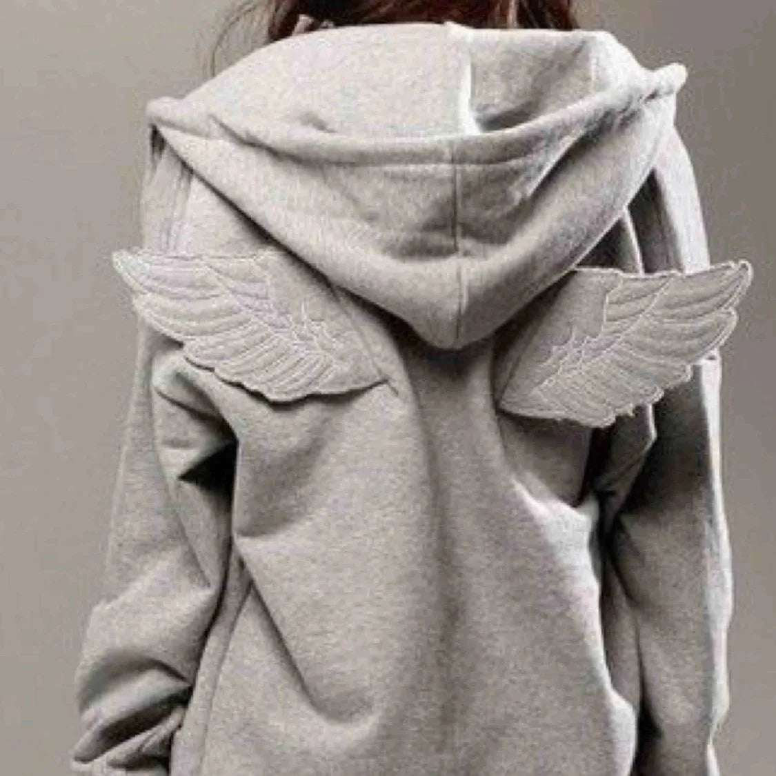 Women Grey Angel Wing Embroidered Hoodie Cute Kawaii Pullover Sweatshirt Wing Decoration Back Y2K Street Harajuku Loose Pullover - Matrix Studios