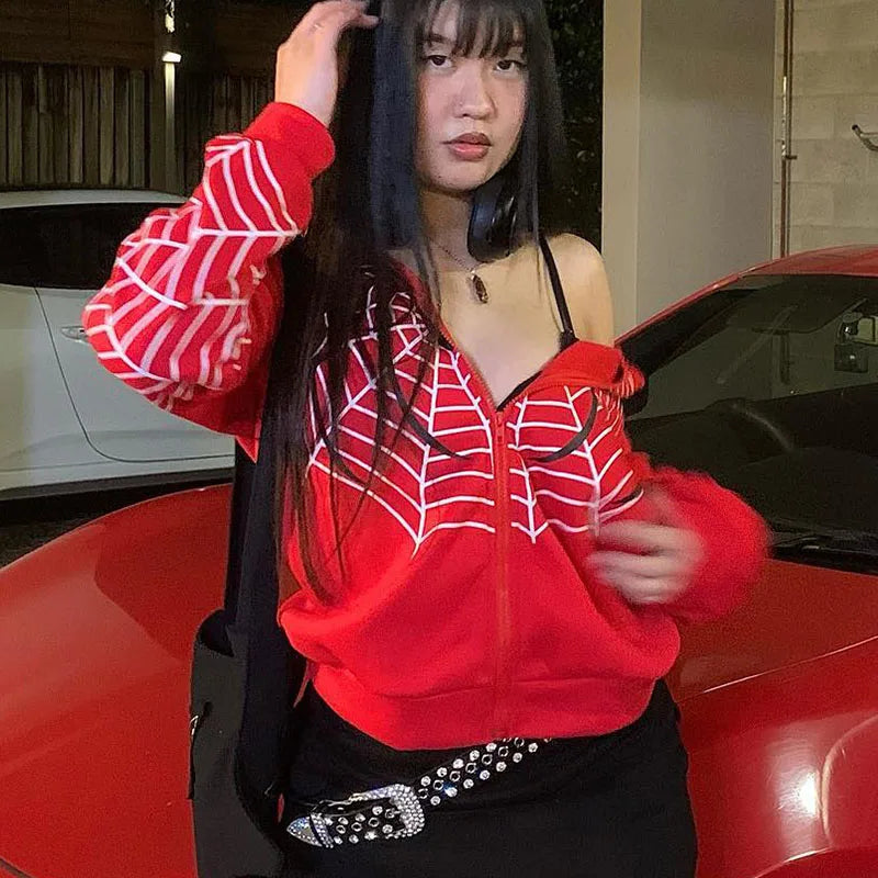 Y2k Rhinestone Skeleton Hoodies Women Gothic Black Zip Up Oversized Sweatshirts Female Retro Harajuku Hooded Jackets Streetwear - Matrix Studios