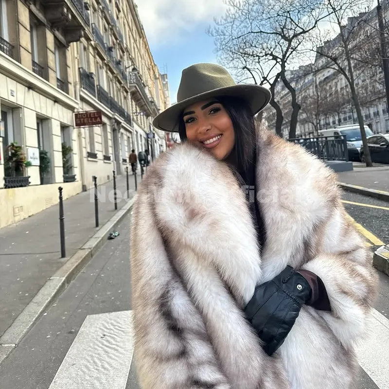 Neo Mint 2025 Winter Exclusive Striped Faux Fur Jacket Women Overcoat Brand Blogger Fashion Fluffy Fox Fur Collar Coat Outerwear - Matrix Studios