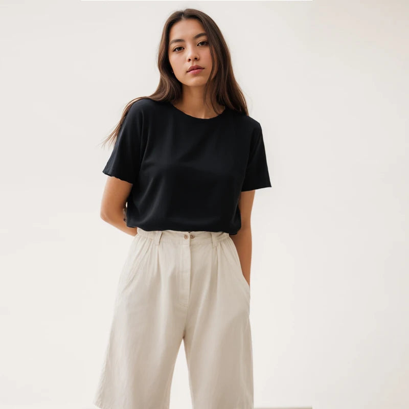 Cotton Short Sleeve Tops 220 Grams Heavy T-shirt Y2k Casual Comfortable Tee Shirt Black & White O-neck Woman Clothing YH2532 - Matrix-studios.com