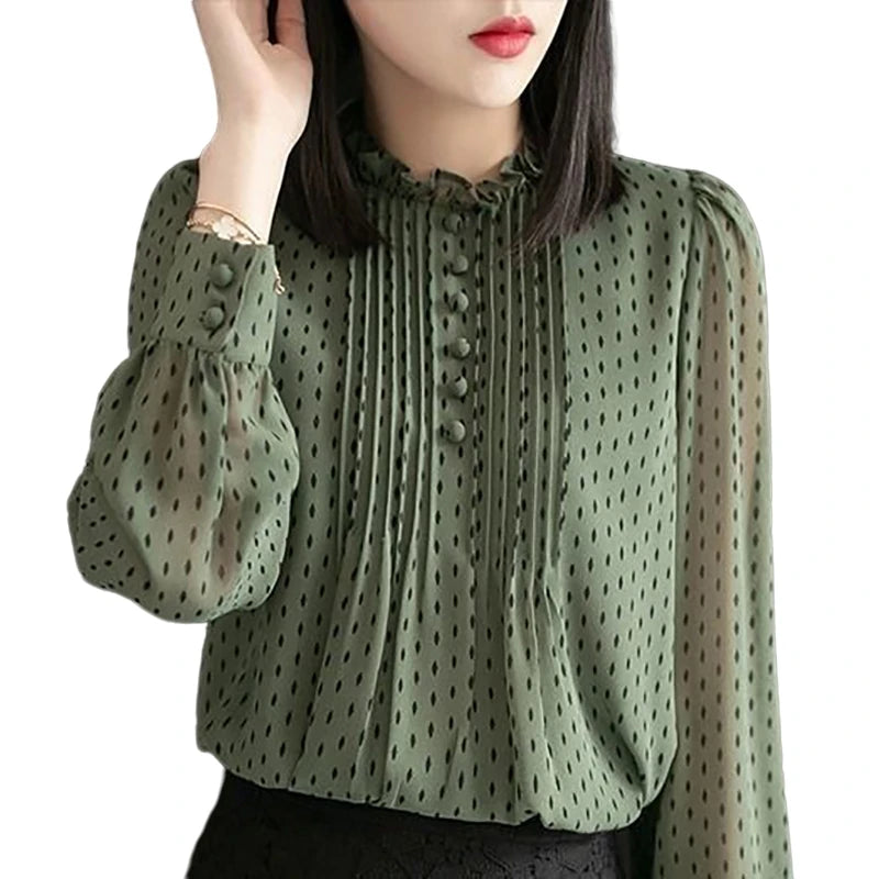 Women Spring Autumn Style Chiffon Blouses Shirts Lady Casual Long Sleeve O-Neck Polka Dot Printed Chiffon Blusas Tops DD8879 - Matrix-studios.com