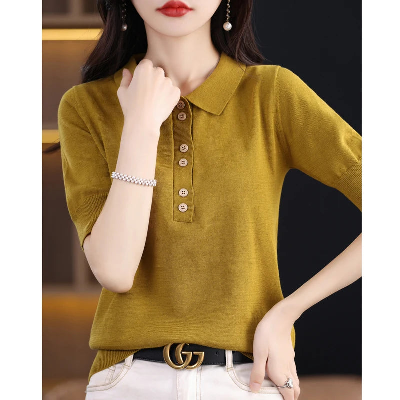 Women's T-shirt Summer 100% Cotton Sweater Short Sleeve Casual Knitwear POLO Collar Ladies' Tops Loose Pullover Tees Buttons - Matrix-studios.com