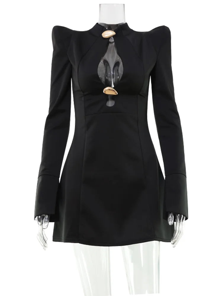 CNYISHE Metal Buckle Hollow Out Women Dresses Autum Fashion Solid O Neck Sheath Long Sleeve Sexy Club Female Bodycon Chic Robes - Matrix-studios.com
