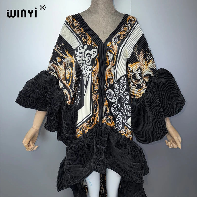 WINYI Middle East Boho Maxi Kaftan Dress Elegant Pleated Elastic Beach Cover up Luxury Party Evening Dubai Style Abaya - Matrix-studios.com