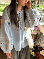 Women New Spring Floral Embroidery Blouse Vintage Casual Long Sleeve Shirt Top - Matrix-studios.com