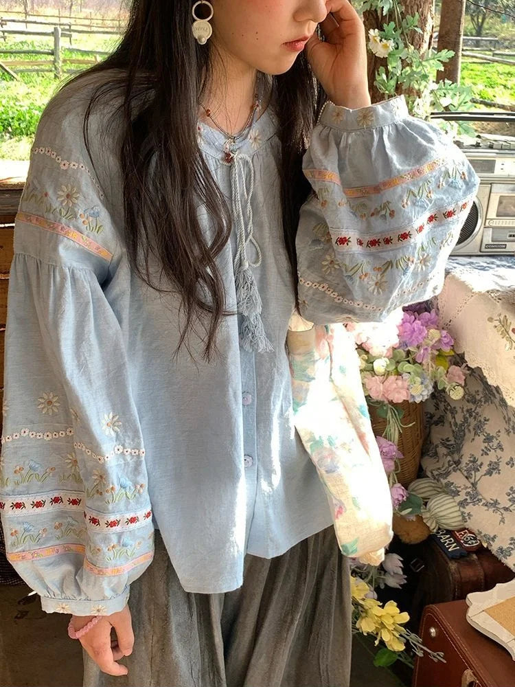 Women New Spring Floral Embroidery Blouse Vintage Casual Long Sleeve Shirt Top - Matrix-studios.com