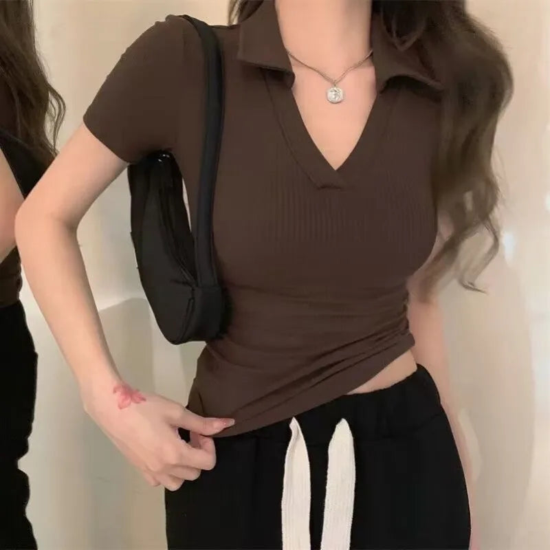 Polo Golf Shirt V-Neck Short Sleeve T-Shirt Women's Summer Harajuku Design Y2K Slim-Fit Base Layer Cropped Top Straight Shoulder - Matrix-studios.com