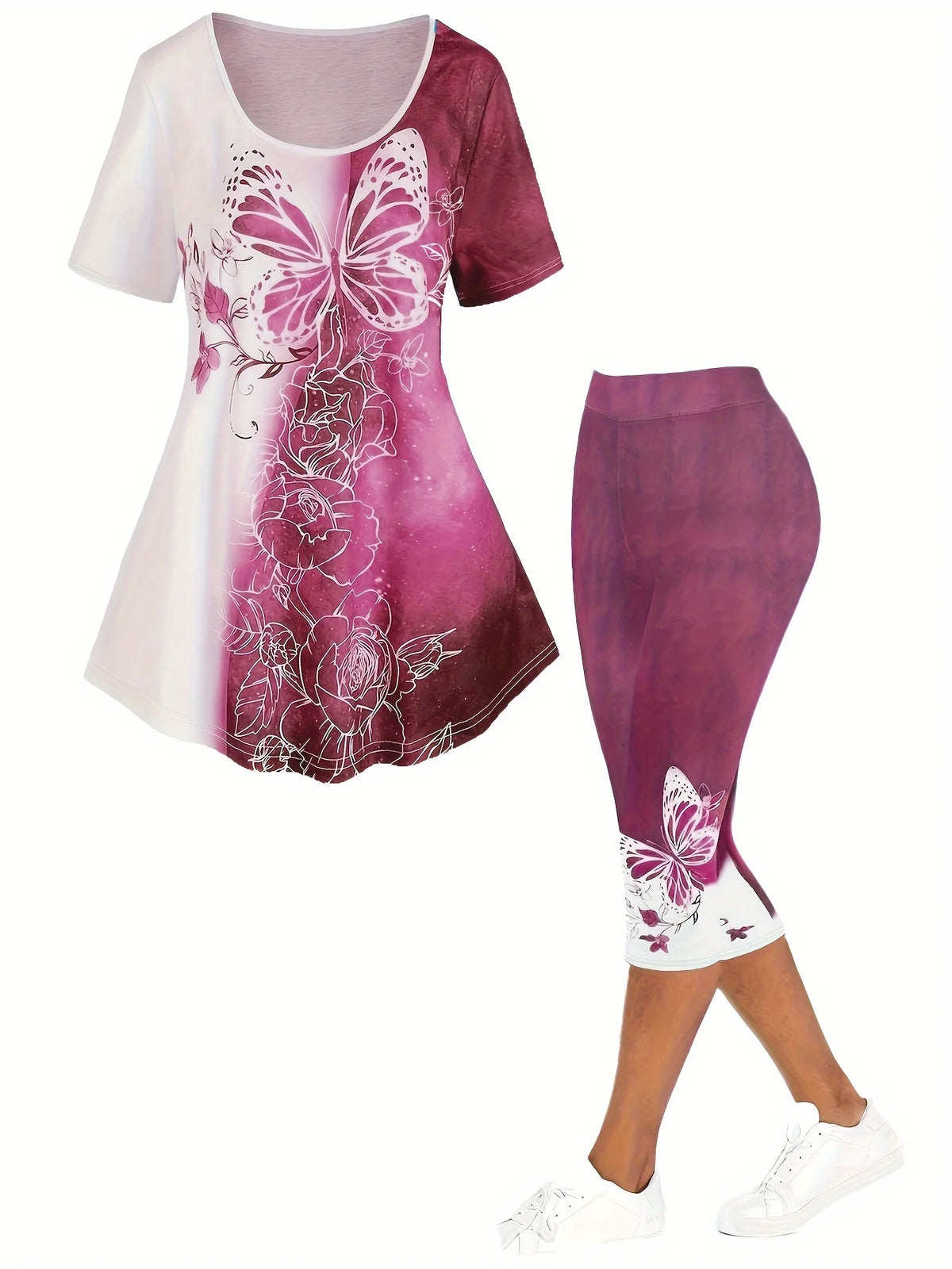 Plus Size Matching Sets Summer Female Large Size Blue Butterfly Print Color T-Shirt Short Sleeve Print Pants Casual Two-Piece Se - Matrix-studios.com