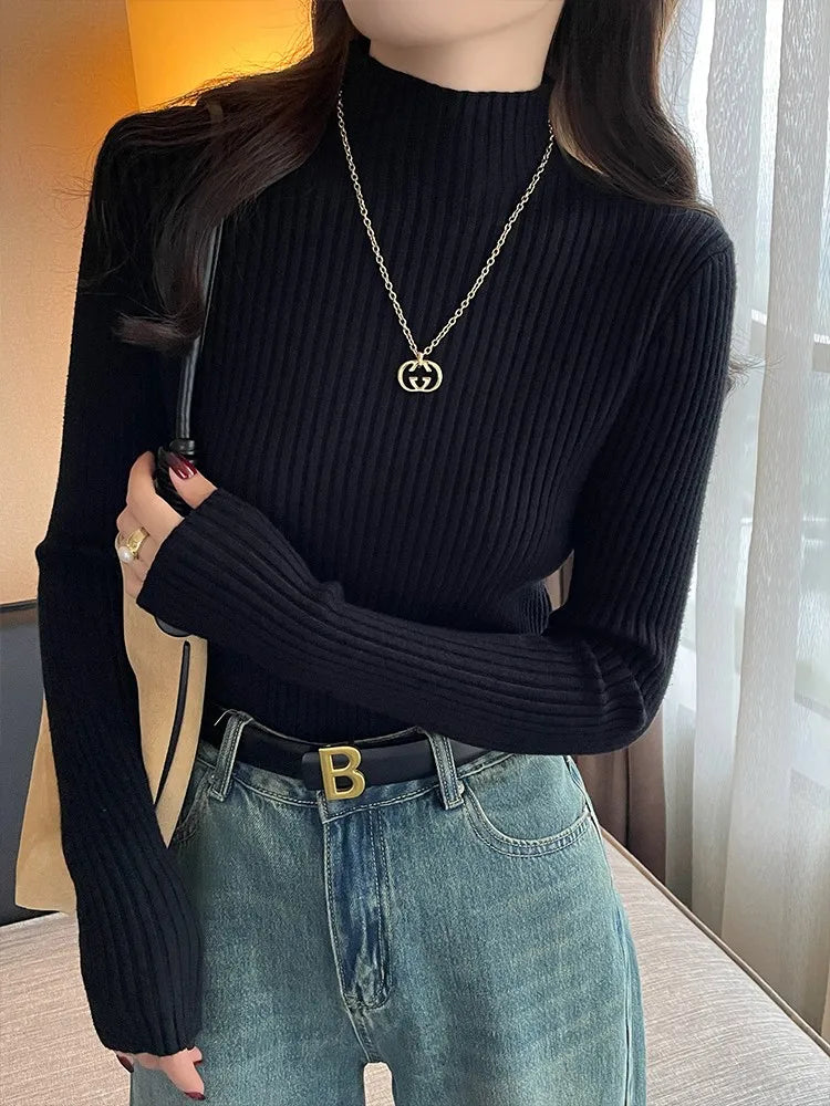 Solid Color Slim Tops Chic Autumn Winter 2026 Pullovers Women Long Sleeve Casual Turtleneck Warm Basic Sweater Knit Jumpers - Matrix-studios.com