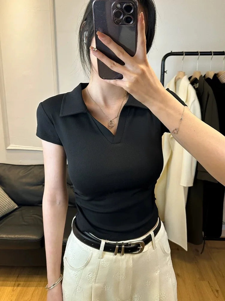 Cotton Summer Sexy Women's T Shirt Skinny Slim Basic Solid Crop Top Short Sleeve Polo TShirtCasual Top Tee for Women - Matrix-studios.com