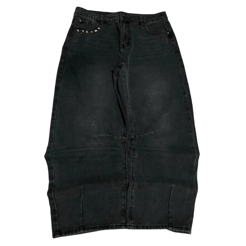 Washed Black Baggy Men Monster Tooth Embroidery Jeans Pocket Wide Leg Denim Pants Y2k Streetwear Hip Hop Loose Trousers Unisex - Matrix Studios