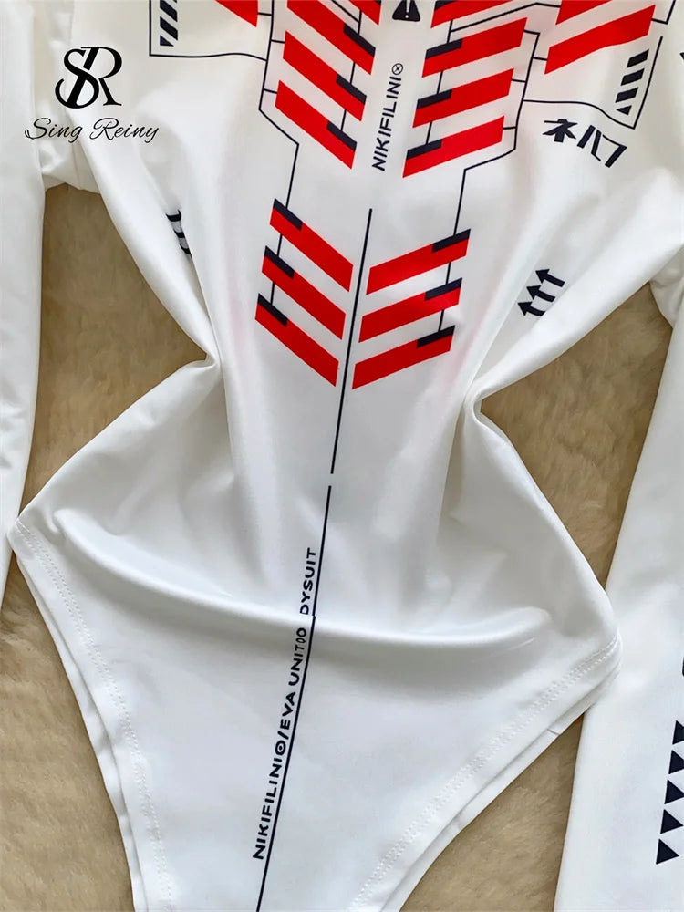 SINGREINY Autumn Long Sleeves Bodysuits Female O Neck Moto Biker Slim Top Streetwear Open Crotch Hotsweet Print Playsuits - Matrix Studios