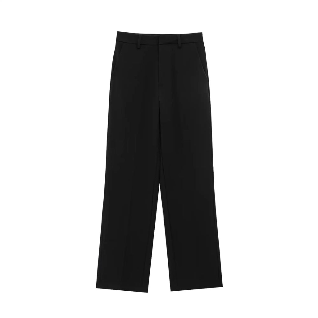 TFMLN Fashion Set For Women Summer 2025 New Slim Lapel Zipper Short Sleeve Coat Top Wide Leg Pants Two Piece Set Leisure Black - Matrix-studios.com