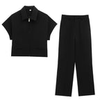 TFMLN Fashion Set For Women Summer 2025 New Slim Lapel Zipper Short Sleeve Coat Top Wide Leg Pants Two Piece Set Leisure Black - Matrix-studios.com