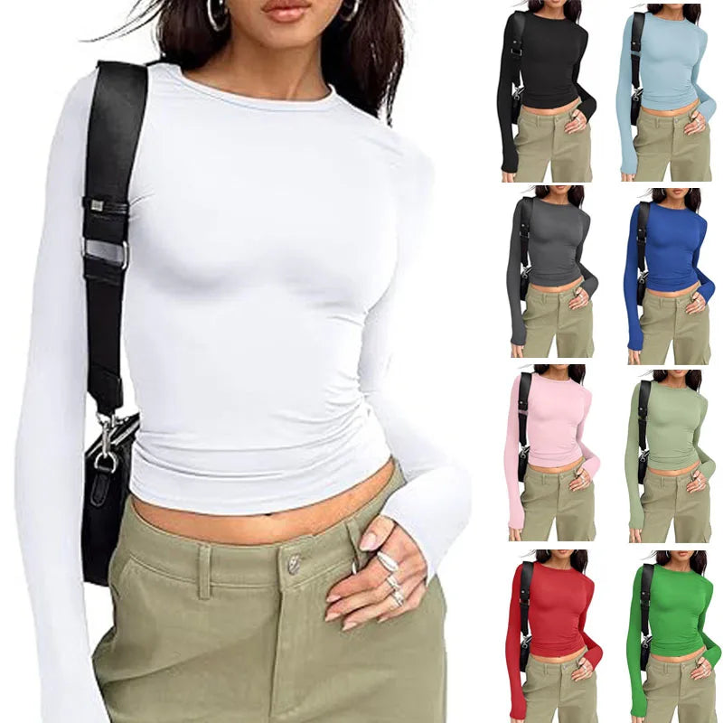 1pcs Four Seasons Fashion Senior Women T-shirt Long Sleeve Crew Neck Solid Slim Fit Tee Ladies Crop Top  Daily Streetwear Camis - Matrix-studios.com