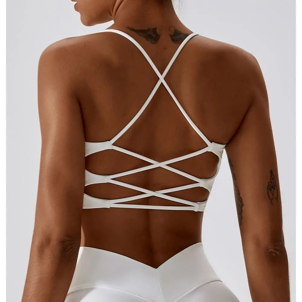 Solid Color U-Shaped Multi-Strap Cross Back Women Fitness Sports Bra Top Gym Yoga Athletic Tight Workout Jog Soft With Chest Pad - Matrix Studios