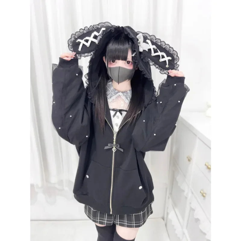 Bunny Hoodie Hoodies Y2K Rabbit Ear Hoodie Lolita Jacket Bow Girls Pearl JK Japan Lace Kawaii Zipper Cardigan Long Sleeved Top - Matrix Studios