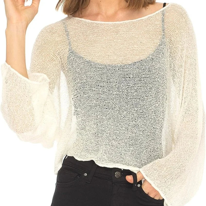 Women Knit Cover-ups Summer Autumn See-through Irregular Loose Pullover Summer Beach Smock Crop Tops Bikinis Cover Ups - Matrix Studios