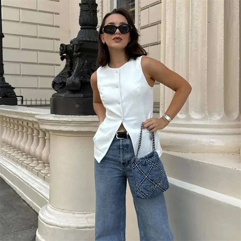 MUJER 2025 White Sleeveless Vest Women Button Summer Vests for Women Jacket Pink Vest Top Women Streetwear Women's Tailored Vest - Matrix Studios