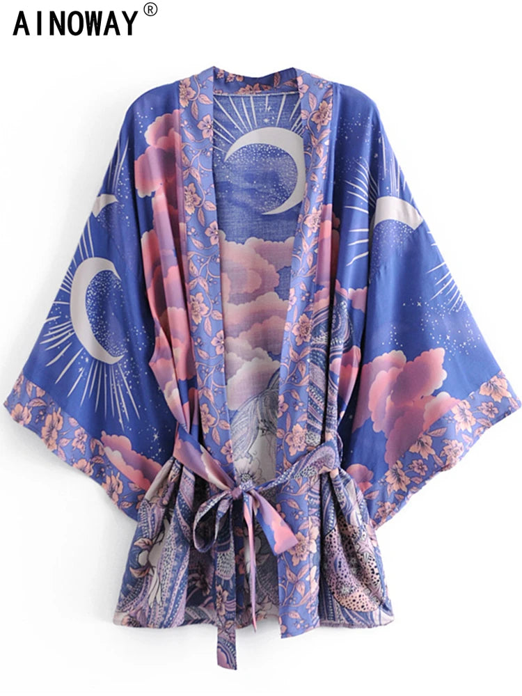 Boho Vintage Star and Moon Floral Print Sashes Women Bohemian V Neck Batwing Sleeves Happie Short Robe Kimono Dress Cover-ups - Matrix Studios