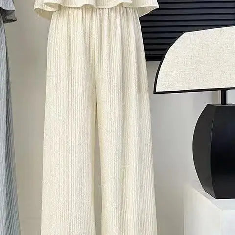 Faionable round Ne Svel Top High Waist Straight Leg Pants Women's Summer New Sle Korean Version Two-Piece Set - Matrix-studios.com
