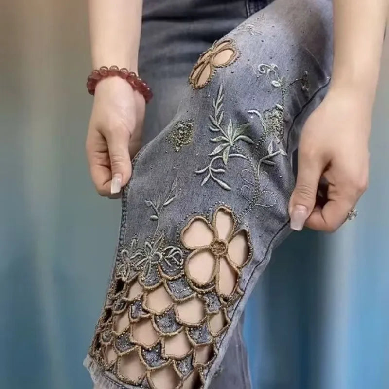 women High end hollowed out embroidered denim eight cigarette tube pants 2026 new summer thin high waist stylish denim tube pant - Matrix-studios.com