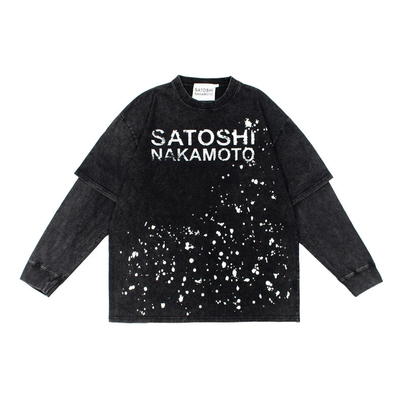 American High Street Satoshi Nakamoto Long Sleeve T Shirt Men Women Ink-blurry Retro Letter Print Double-layer Long Sleeve Top - Matrix-studios.com