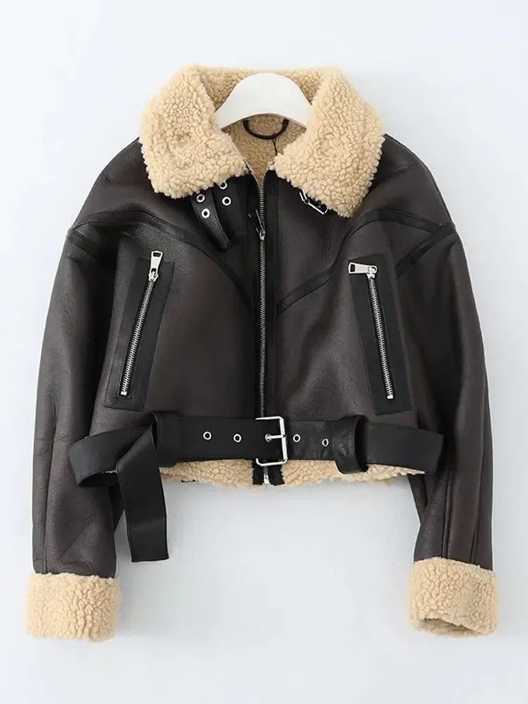Ailegogo Winter Women Streetwear Faux Lamb Leather Fur Short Jacket with Belt Moto Biker Thick Warm Sheepskin Coat Outwear - Matrix Studios