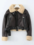 Ailegogo Winter Women Streetwear Faux Lamb Leather Fur Short Jacket with Belt Moto Biker Thick Warm Sheepskin Coat Outwear - Matrix Studios