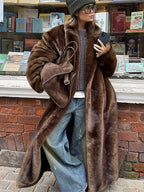 Chic Brown Faux Fur Overcoat Women Casual Luxury Lapel Long Sleeve Fluffy Coat Winter Female Thicken Warm High Street Outwear - Matrix Studios