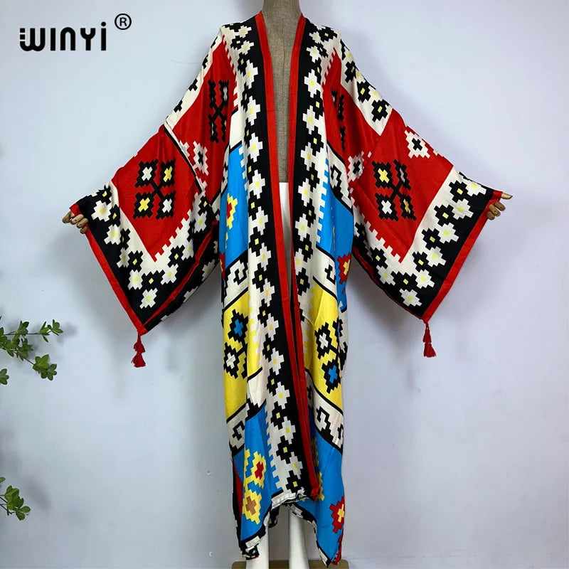 2023 WINYI New Cotton Feeling Bikini Cover-ups Bohemian Print Front Open Long Kimono Kaftan Beach Cover Ups for Swimwear Dresses - Matrix Studios