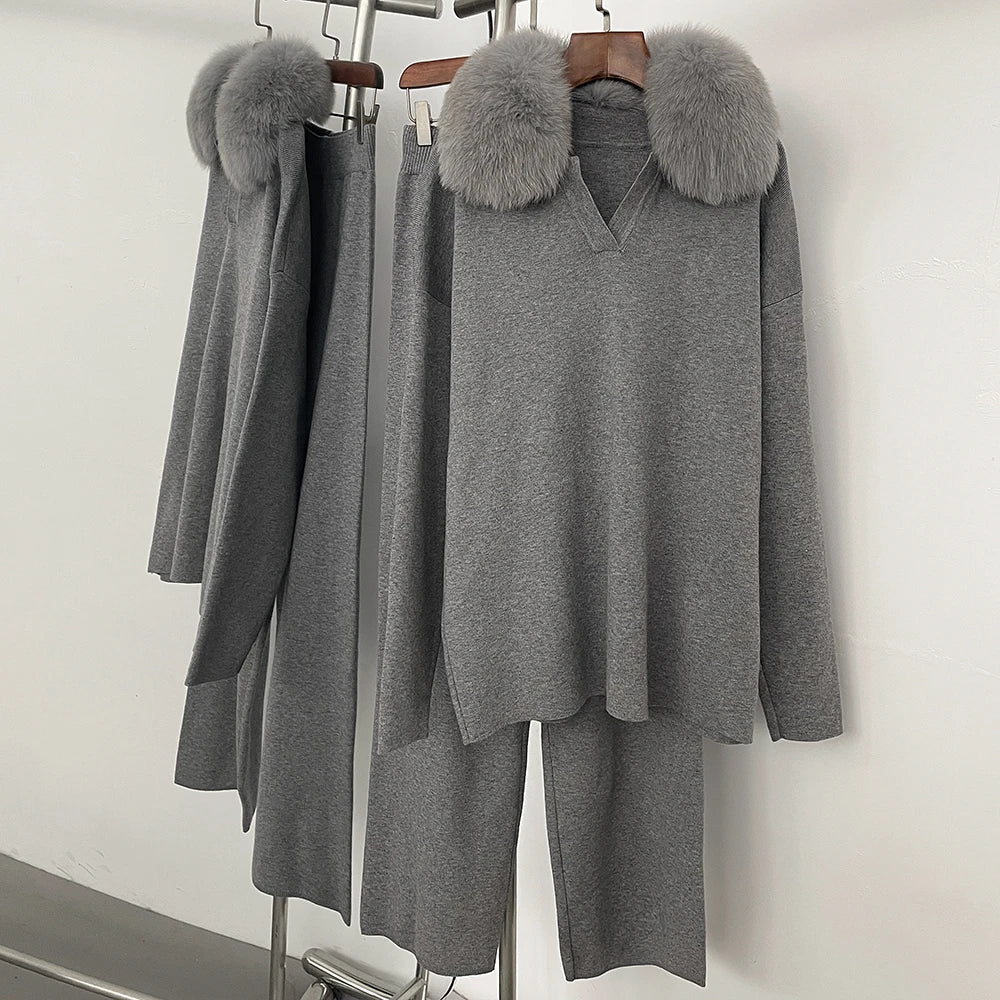 Reality Fur Jacket Pullover Set Woman Spring Knitted Suit Knitwear Female Real Fox Fur Collar Sweater Lady Autumn Knitted New - Matrix Studios