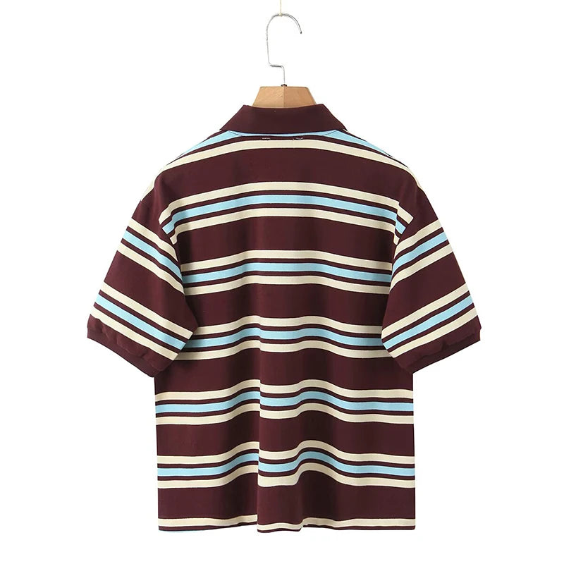 YENKYE 2025 Women American Retro Contrasting Striped T Shirt Women Polo Collar Short Sleeve Preppy Vintage Tees Y2K Tops - Matrix-studios.com
