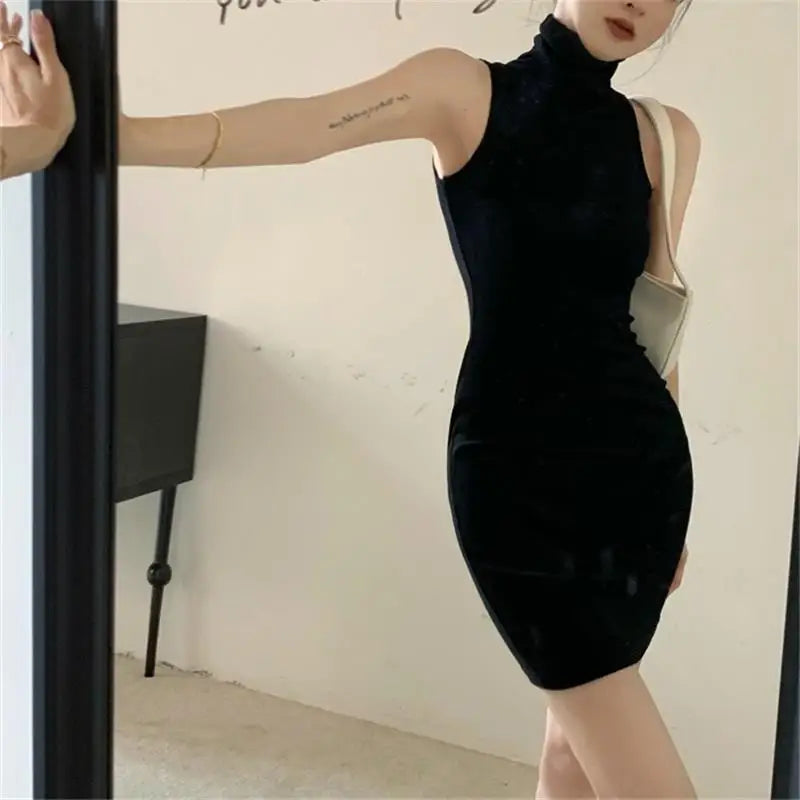 Summer Sexy High Neck Tight Dress Oversleeve Pleated Bottom Wrapped Hip Dress Women Bodycon - Matrix-studios.com