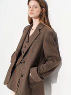 FSLE【Premium Series】New Women's Brown Wool Checkered Suit Set Blazer Vest Skirt Three Piece Coord Vintage Office Chic Suiting - Matrix-studios.com