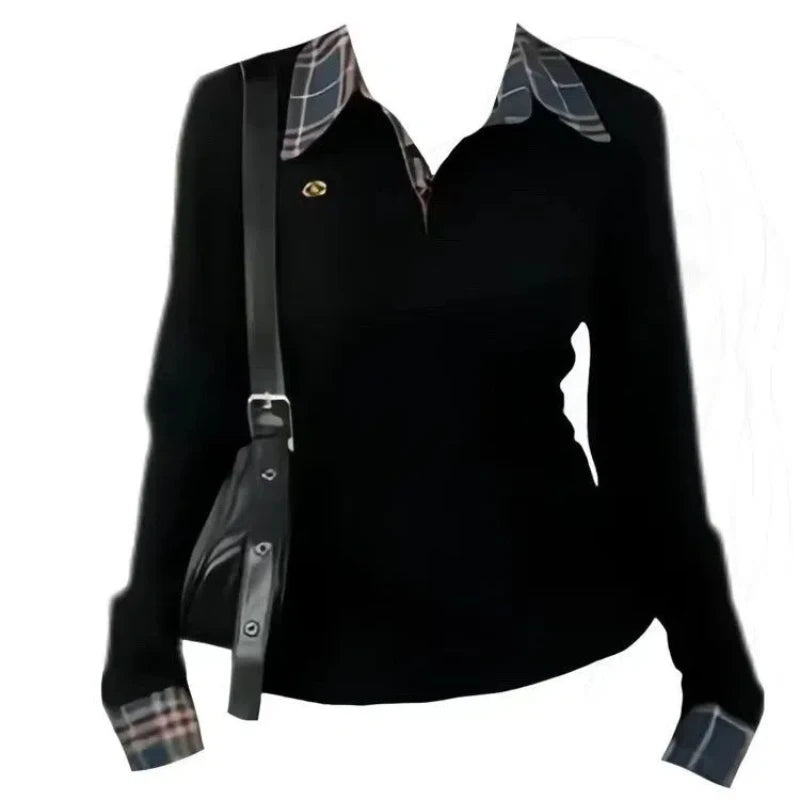 Polo Neck Plaid Patchwork Embroidery T Shirts Spring Autumn Fake Two-piece Slim High Street Tops Fashion Casual Women Clothing - Matrix-studios.com
